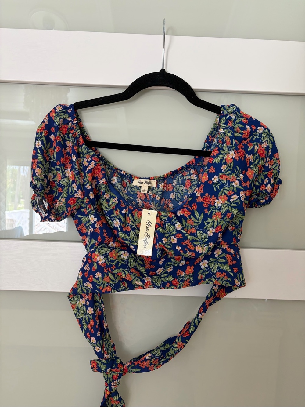 Miss Selfridge Navy Floral Tie-Waist Crop Top